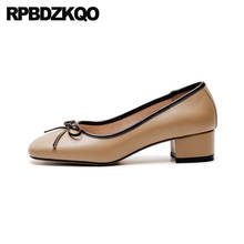 Zapatos de marca de diseñador para mujer, calzado de tacón medio grueso con lazo grueso 33, punta cuadrada de cuero genuino, talla coreana 4 34, 2021 2024 - compra barato