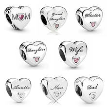 Free shipping 925 Sterling Silver Sister Dad MOM Nan Heart Charm Fit Original Pandora Bracelet For Women DIY Jewelry S925 Bead 2024 - buy cheap