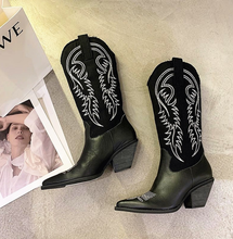 2021 Fashion Embossed Microfiber Leather Women Boots Pointed Toe Western Cowboy Boots Women Knee-High Boots Chunky Wedges Botas 2024 - buy cheap