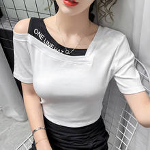 Letter Hole T Shirt Women Cotton Off The Shoulder Tops Summer 2020 New V-Neck Short Sleeve Woman Clothes T-Shirt Tee Shirt Femme 2024 - buy cheap