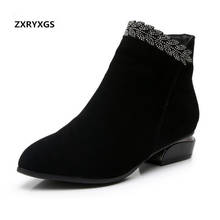 New Elegant Pointed Rhinestone Matte Cowhide Leather Boots Women Boots 2021 Autumn Winter Warm Snow Boots Low Heel Ankle Boots 2024 - buy cheap