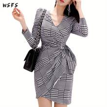 Black Plaid Houndstooth Dresses Long Sleeve Womens Dress Spring Elegant Ladies Bodycon Sexy Party Mini Wrap Asymmetrical Dress 2024 - buy cheap