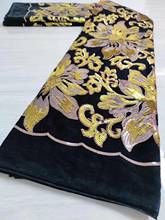 (5yards/pc) Fabulous black gold African velvet lace fabric with big flowers sequins embroidery for party dress  FHS078 2024 - buy cheap