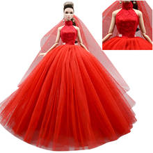 Нагорный Карабах красное свадебное платье для куклы Барби; Вечернее платье принцессы; Вечерние платья для девочек одежда с длинными наряды джинсовое платье + юбка из фатина, 1/6 аксессуары для куклы 2024 - купить недорого