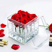Organizador de maquillaje transparente de acrílico, estuche de cosméticos con soporte, caja de flores rosas con tapa, organizador de maquillaje para el Día de San Valentín 2024 - compra barato