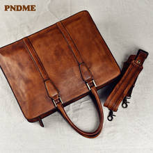 PNDME винтажный высококачественный мужской портфель из натуральной кожи, деловая сумка для ноутбука, роскошные Офисные Сумки через плечо из воловьей кожи 2024 - купить недорого
