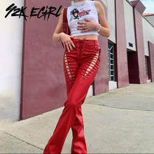 Y2K EGIRL Summer Streetwear 90s Hollow Out Red Leather Pants Cyber Y2K High Waist Bandage PU Trousers Harajuku Vintage Pants 2024 - buy cheap