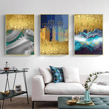 Pôster de arte de parede para quarto, tela nórdica, moderna, abstrata, dourada, pintura, impressão, decoração de casa, sala de estar, azul e cinza 2024 - compre barato