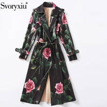 Svoryxiu Designer Autumn Winter Fashion Long PU Trench Coat Women's Vintage Rose Flower Print Long Sleeve Overcoat Outwear 2024 - buy cheap