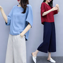 Blusa de lino y algodón para mujer, pantalones de pierna ancha, trajes de dos piezas de manga corta a la moda para oficina, novedad de verano 2019 2024 - compra barato