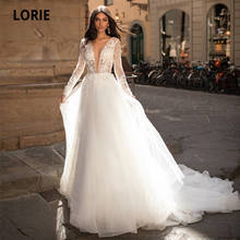 LORIE Elegant White Wedding Dresses with Long Sleeves V-Neck Lace Appliques A-Line Wedding Gown Bride Dress robe de mariage 2021 2024 - buy cheap