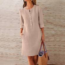 Casual Autumn Cotton Linen Dress 2019 Fashion Button O-Neck Knee Party Dress Women Long Sleeve Pocket Solid Dresses Plus Size 2024 - buy cheap