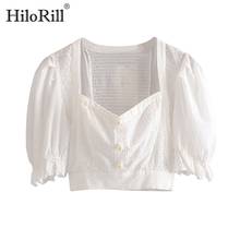 HiloRill Women Chic Embroidery Patchwork White Blouse Summer Pearl Puff Short Sleeve Short Blouses Holiday Cotton Shirt Female 2024 - buy cheap