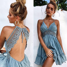 Women Sexy Halter Sling Lace Patchwork Party Dress Elegant Backless Bandage Hollow Out High Waist Bohemian Summer Beach Sundress 2024 - buy cheap