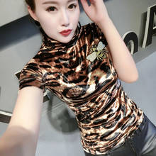 Camisa de leopardo de veludo de gola alta de veludo de manga comprida camisetas de manga comprida primavera outono 2024 - compre barato