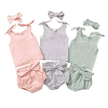 2021 0-3Y Baby Girl Summer Outfits Sleeveless Tie Knot Bandage Tank Top Vest+Bloomers+Headband Set Cute Solid Color 3pcs Set 2024 - buy cheap