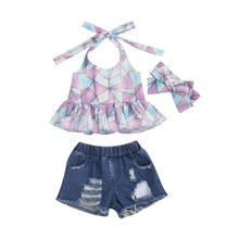 Conjunto de roupas infantis de verão para bebês, camisetas estampadas sem mangas com babado, short em jeans, tiara, roupas para crianças de 1 a 6 anos 2024 - compre barato