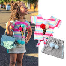 2pcs Set Summer Kids Baby Girl Birthday Striped T-Shirt Tops Cotton Skirt Girls Outfit Clothes Set 2024 - buy cheap