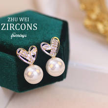 New Fashion Gold Color Heart Stud Earring Shiny Cubic Zircon Imitation Pearl Stud Earrings for Women Fashion Wedding Jewelry G 2024 - buy cheap