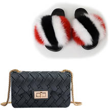 Women Fluffy Furry Slides Set-Handbag Ladies Furry Real Fox Fur Slippers Colorful Jelly Shoulder Bag Shoes Sets Crossbody Purse 2024 - buy cheap