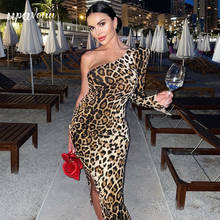 Free Shipping Sexy Leopard Print Midi Dress 2021 Summer New Women's One Shoulder Long Sleeve Bodycon Split Dress Party Vestidos 2024 - buy cheap