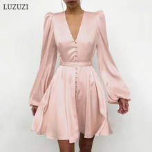 LUZUZI Spring Vintage Satin Long Sleeve Woman Dress 2021 Elegant Button A-Line Mini Dress V-Neck Summer Dress Party Vestido 2024 - buy cheap