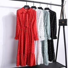 Корейская черная рубашка Vestidos, офисные винтажные осенние платья в горошек, женское платье Pring 2020, платье миди с цветочным принтом и длинным рукавом для женщин 2024 - купить недорого