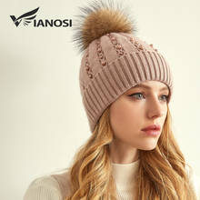 Chapéus de inverno vianosi para mulheres, bonés da moda de inverno com pompom de pelo de raposa, gorros quentes de lã com pérola para mulheres 2024 - compre barato