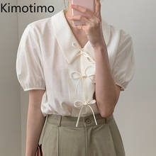 Рубашка Kimotimo женская с отложным воротником, шикарная однотонная блузка с пышными рукавами, в Корейском стиле, свободная в минималистичном стиле, с бантом, для офиса 2024 - купить недорого