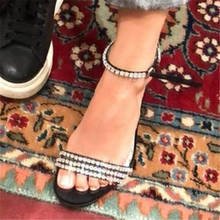 Summer Crystal Gladiator Sandals Woman Rhinestone Strap Thin High Heel Sandalias Narrow Band Black Flock High-heeled Shoes Women 2024 - buy cheap