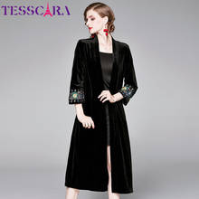 TESSCARA женский осенне-зимний бархатный Тренч с вышивкой женский Высококачественный винтажный дизайнерский Длинный плащ и пальто 2024 - купить недорого