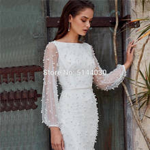 White Long Sleeve Pearls Mermaid Evening Dresses 2021 Dubai O-Neck Sexy Floor Length Tulle Wedding Party Gowns Robe De Soiree 2024 - buy cheap