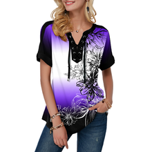 New Women Floral Print Short Sleeve Tshirt Summer Top Femme Loose Casual Tie dye Tshirts Split V-Neck Lace Up Tops 2024 - buy cheap