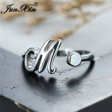 Anel de prata fino com abertura de letras m, anel feminino de opala de fogo branco azul minimalista, joias de bandas de casamento 2024 - compre barato
