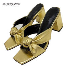Real Leather Lady Slipper Mules Gold Silver Bowknot Chunky Heel Squared Toe Slides for Summer 2020 New Arrival Beach Party Shoe 2024 - buy cheap