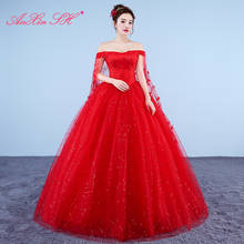 AXJFU flower red lace wedding Dress princess vintage boat neck illusion ruffles flower lace with view bride white wedding dress 2024 - buy cheap
