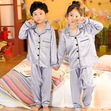 Детские Атласные пижамные комплекты на пуговицах на весну и осень, однотонные шелковые топы с длинным рукавом для девочек, 2 предмета + штаны, одежда для сна, пижама 2024 - купить недорого