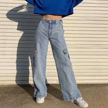 Джинсы женские прямые с большими карманами и широкими штанинами, штаны из денима с завышенной талией, повседневные свободные брюки-карго, уличная одежда 2024 - купить недорого
