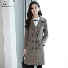 Korean Women Plaid Wool Coat Elegant Double Breasted Med-Length Woolen Jacket Classic Pocket Oversize Warmness Winter Overcoat 2024 - buy cheap