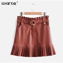 Women Mini Skirt PU Faux Leather Belt Pleated A Line Patchwork Ladies Short Skirts High Waist Streetwear Party Female Bottom 2024 - buy cheap