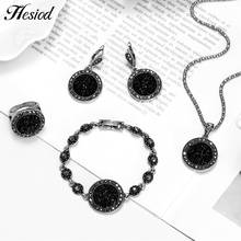 Vintage preto cristal cluster druzy redondo encantos conjuntos de jóias strass pingente colar brincos pulseira anel conjunto para mulher 2024 - compre barato