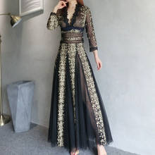 HAMALIEL New Runway Sexy V Neck Mesh Party Swing Dresses Spring Autumn Luxury Gauze Floral Embroidery Wave Point Maxi Long Dress 2024 - buy cheap