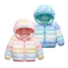 Детская куртка-пуховик осенне-зимняя одежда с капюшоном и радугой для маленьких мальчиков парки на молнии с белым утиным пухом теплая мягкая верхняя одежда для девочек, пальто 2024 - купить недорого