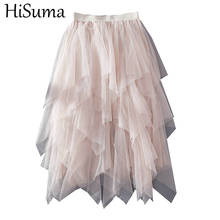 HISUMA Spring Autumn Women Irregular Tulle Pleated Tutu Skirts Elegant Female Lady Long Elastic High Waist Gauze Mesh Midi Skirt 2024 - buy cheap