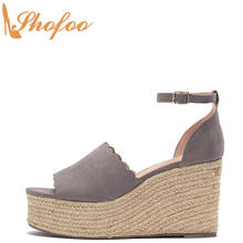 Plataforma gris Sandalias de tacón con cuña alto mujeres tamaño grande 12 16 señoras moda festoneado ajuste hebilla ajustable zapatos Shofoo 2024 - compra barato