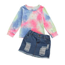 Toddler Kid Baby Girls Clothing Long Sleeve Tie-dye Print Tops Blouse+Zipper Denim Mini Skirts 2Pcs Summer Fashion Girls Outfit 2024 - купить недорого