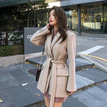 Jaqueta feminina de lã, casaco coreano para outono e inverno, sobretudo com cinto curto, grosso, 2020 2024 - compre barato