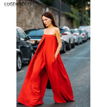 Luegntolo-mono Sexy para mujer, peto rojo con bolsillos de cintura alta, holgado, elegante, pantalones de pierna ancha, monos largos de verano 2024 - compra barato