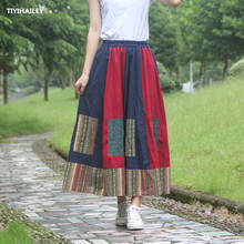 TIYIHAILEY Free Shipping High Quality Long Maxi A-line Elastic Waist Women Cotton Linen Print Autumn Big Hem Skirt Patchwork 2024 - buy cheap