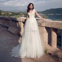 Wedding Dresses 2020 A Line Sleeveless Button Illusion Bridal Gowns Lace Appliques Wedding Gowns Court Train 2024 - buy cheap